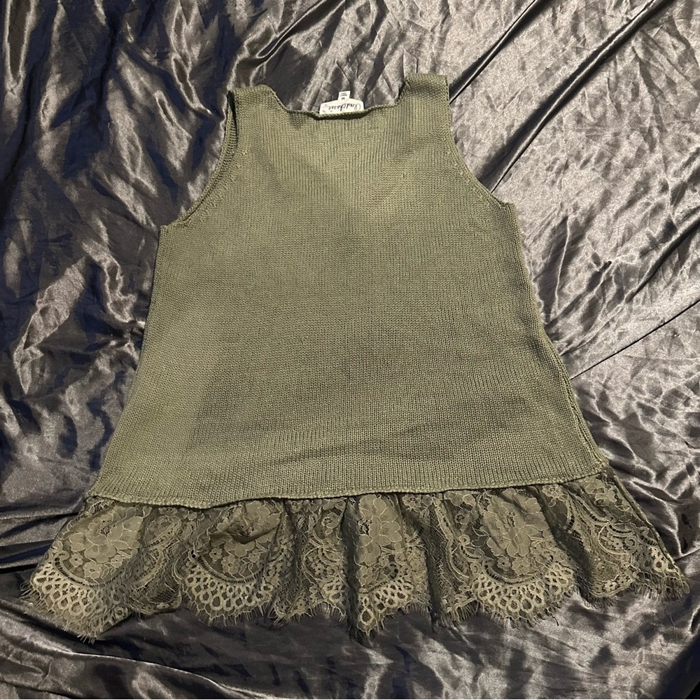Cloud Chaser Army Green Sleeveless Lace Hem Coquette Cottagecore Sweater Top - Picture 5 of 6